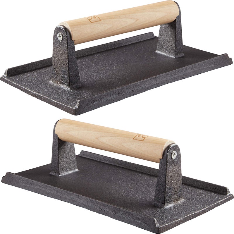 Avant Grub Pro Grade, Pre Seasoned Cast Iron Grill Weight 2Pk. Heavy Duty Steak and Burger Press with Wooden Handle for Grills, Griddles and Flattops. Perfect Gadget for Bacon, Paninis, Sandwiches and Vegetables - Image 1